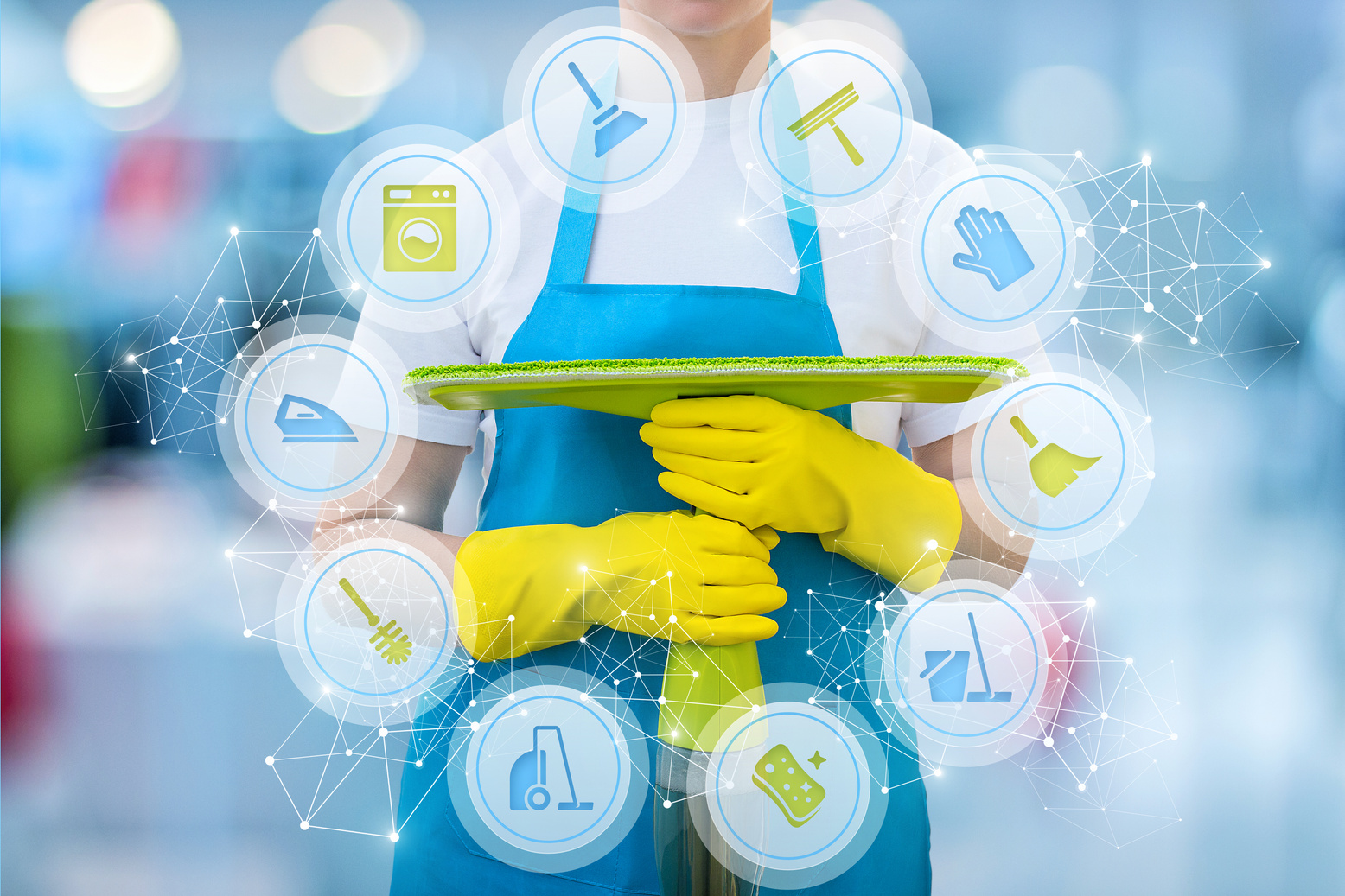 Cleaning lady with cleaning services icons .